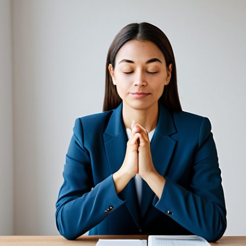 A professional woman in a serene pose, seated at a modern, minimalistic desk in a well-lit office. She has one hand gently placed over her heart, embodying a moment of self-compassion and mindfulness amidst a busy day. Her expression is calm and introspective, reflecting inner peace. She is wearing a modest business suit, appropriate attire. The background is softly blurred, suggesting a peaceful personal space. Perfect anatomy, correct proportions, natural pose, well-formed hands, proper finger count, natural body proportions. safe for work, appropriate content, fully clothed, professional.