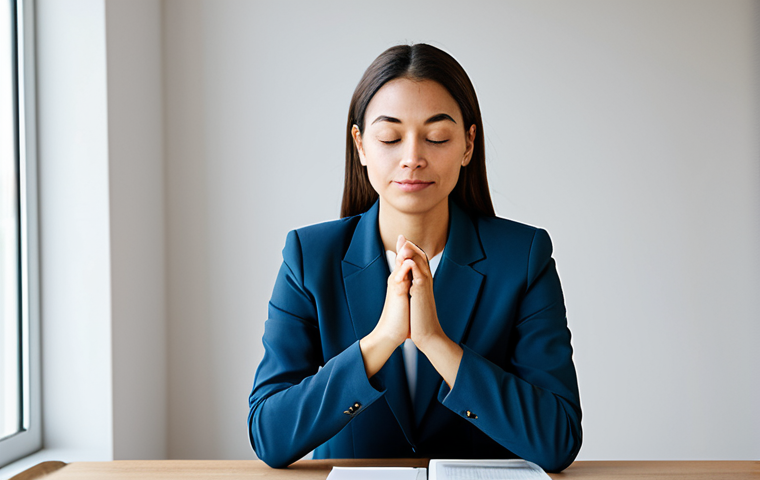 A professional woman in a serene pose, seated at a modern, minimalistic desk in a well-lit office. She has one hand gently placed over her heart, embodying a moment of self-compassion and mindfulness amidst a busy day. Her expression is calm and introspective, reflecting inner peace. She is wearing a modest business suit, appropriate attire. The background is softly blurred, suggesting a peaceful personal space. Perfect anatomy, correct proportions, natural pose, well-formed hands, proper finger count, natural body proportions. safe for work, appropriate content, fully clothed, professional.