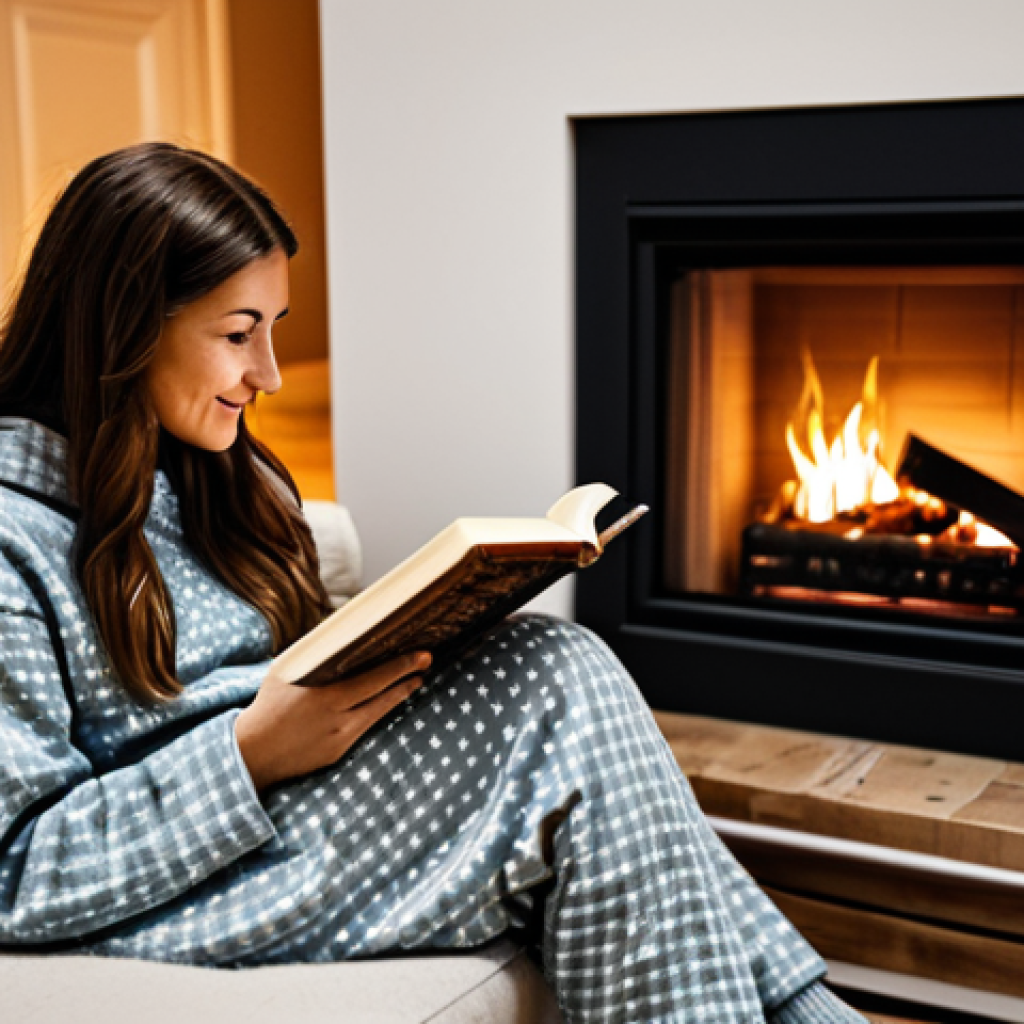 Cozy Evening Relaxation**

"A woman in comfortable, modest pajamas, sitting on a plush sofa next to a warm fireplace, reading a book. A steaming mug sits on the coffee table. Soft, inviting lighting. Cozy Scandinavian-style decor. Fully clothed, appropriate content, safe for work, professional photography, perfect anatomy, natural proportions, family-friendly."

**