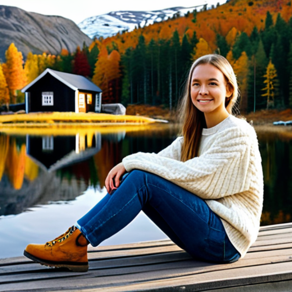 **
"A serene woman sitting by a lakeside cabin in the Swedish mountains, fully clothed in a warm, cozy sweater and jeans, enjoying the view, safe for work, perfect anatomy, natural proportions, professional photography, autumn colors, tranquil atmosphere, modest clothing, appropriate attire, family-friendly."
**
