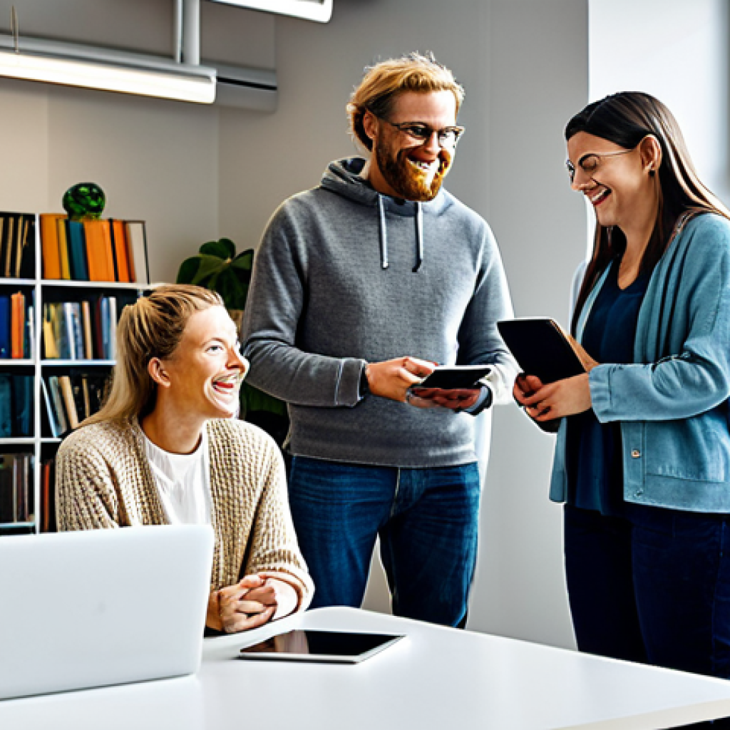 Online Community Connection**
A group of diverse people, fully clothed in comfortable, casual Swedish clothing (e.g., jeans, sweaters, modest dresses), gathered around laptops and tablets in a bright, modern co-working space. They are smiling and engaged in conversation, illustrating a supportive online community. Background includes bookshelves and plants. safe for work, appropriate content, professional, perfect anatomy, correct proportions, natural pose, well-formed hands, proper finger count, natural body proportions, high quality digital art.
**