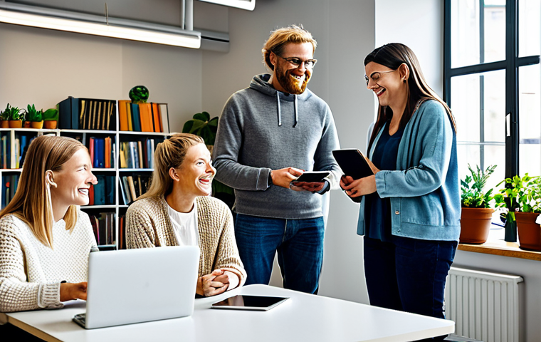 Online Community Connection**

A group of diverse people, fully clothed in comfortable, casual Swedish clothing (e.g., jeans, sweaters, modest dresses), gathered around laptops and tablets in a bright, modern co-working space. They are smiling and engaged in conversation, illustrating a supportive online community. Background includes bookshelves and plants. safe for work, appropriate content, professional, perfect anatomy, correct proportions, natural pose, well-formed hands, proper finger count, natural body proportions, high quality digital art.

**