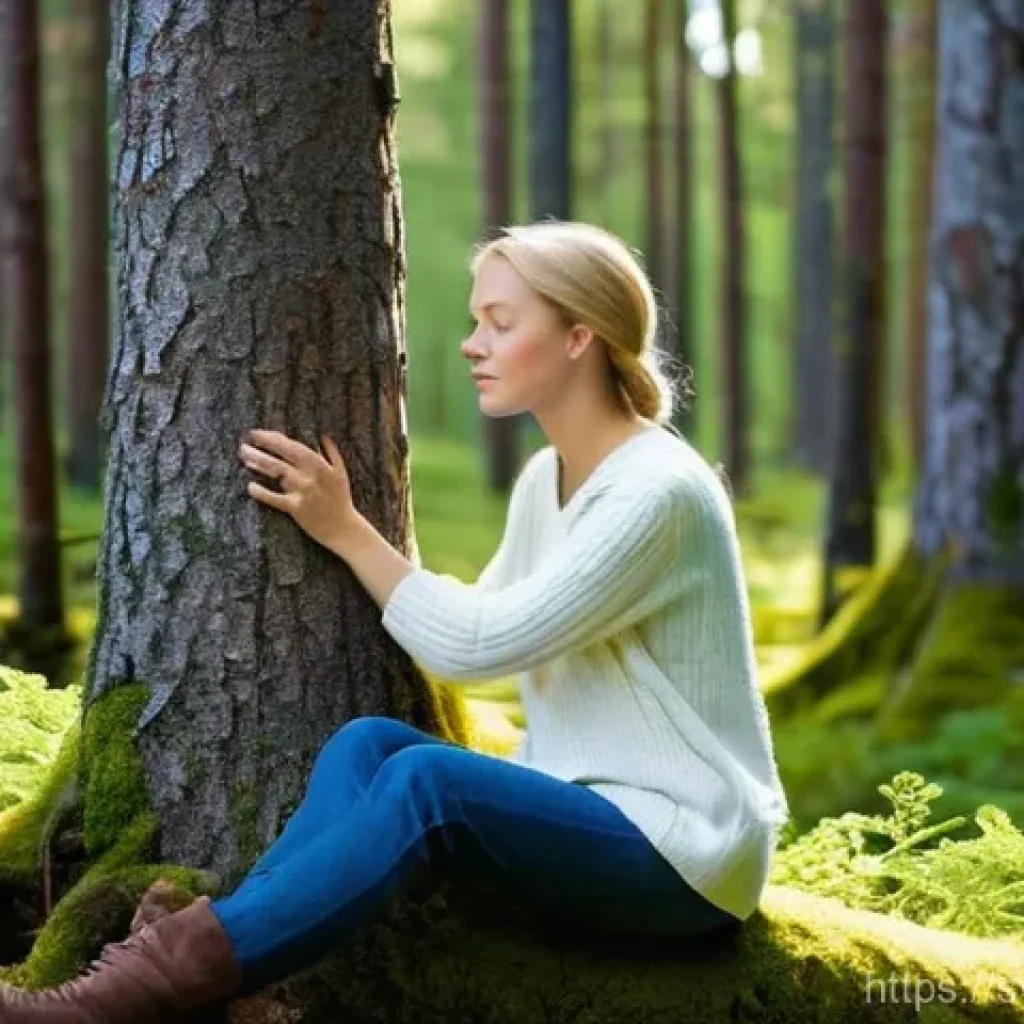스트레스 해소를 위한 자기 위로 기법 - **A serene woman in a lush Swedish forest, embodying "Skogens terapeutiska effekter."**
Prompt: ...