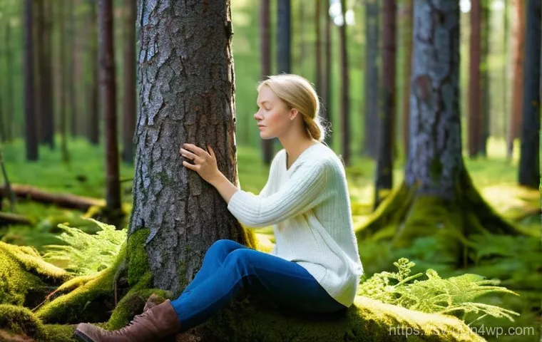 스트레스 해소를 위한 자기 위로 기법 - **A serene woman in a lush Swedish forest, embodying "Skogens terapeutiska effekter."**
    Prompt: ...