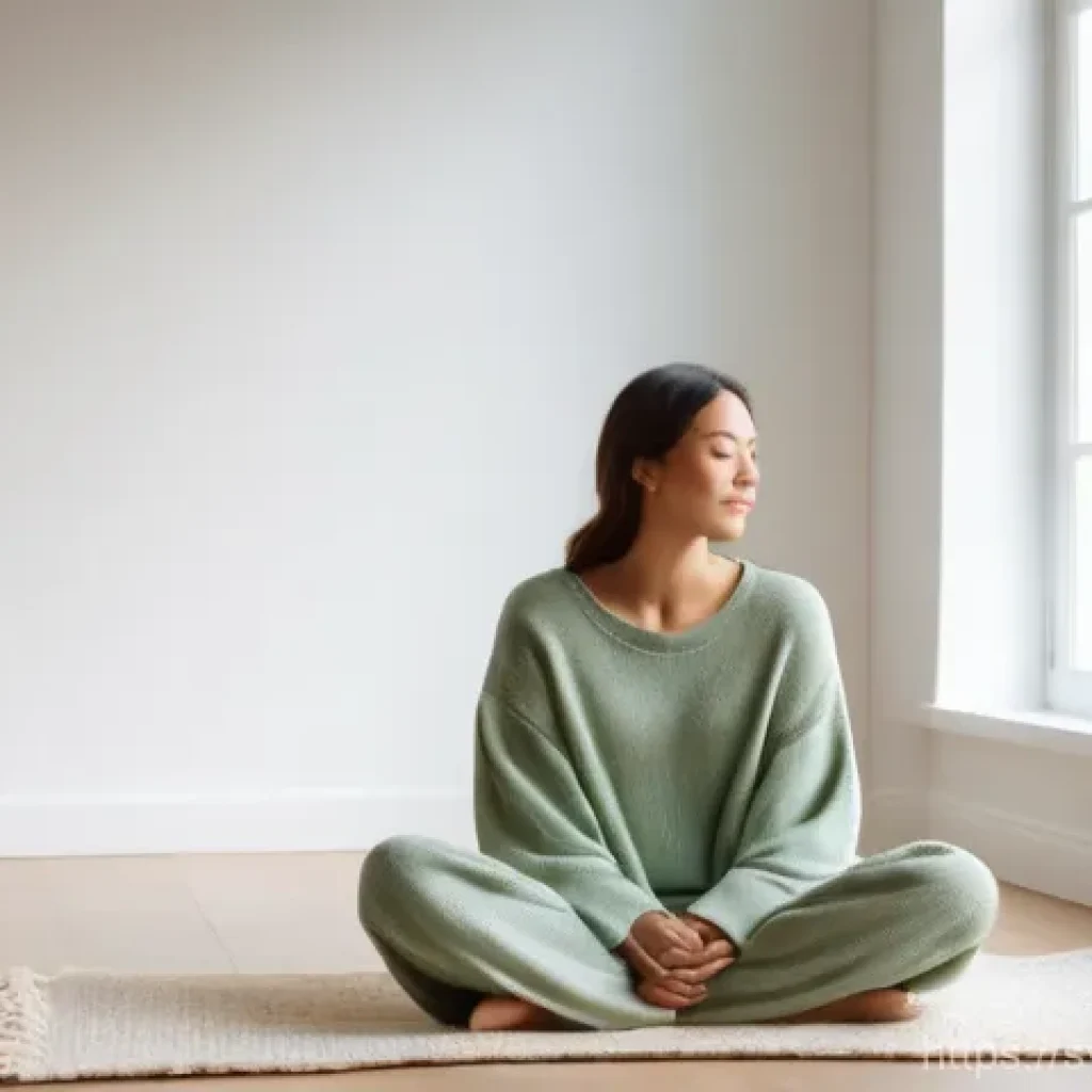 자기 위로와 정서적 안정의 관계 - **Prompt:** A serene woman in her late 20s to early 30s, sitting cross-legged on a plush, light-colo...
