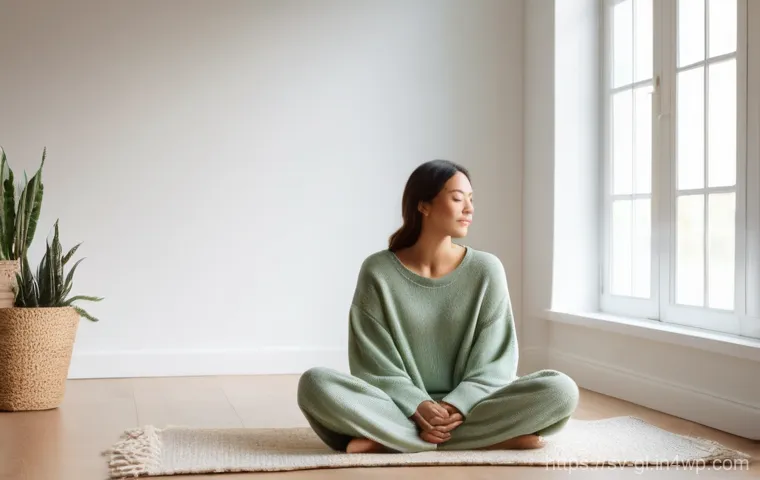 자기 위로와 정서적 안정의 관계 - **Prompt:** A serene woman in her late 20s to early 30s, sitting cross-legged on a plush, light-colo...
