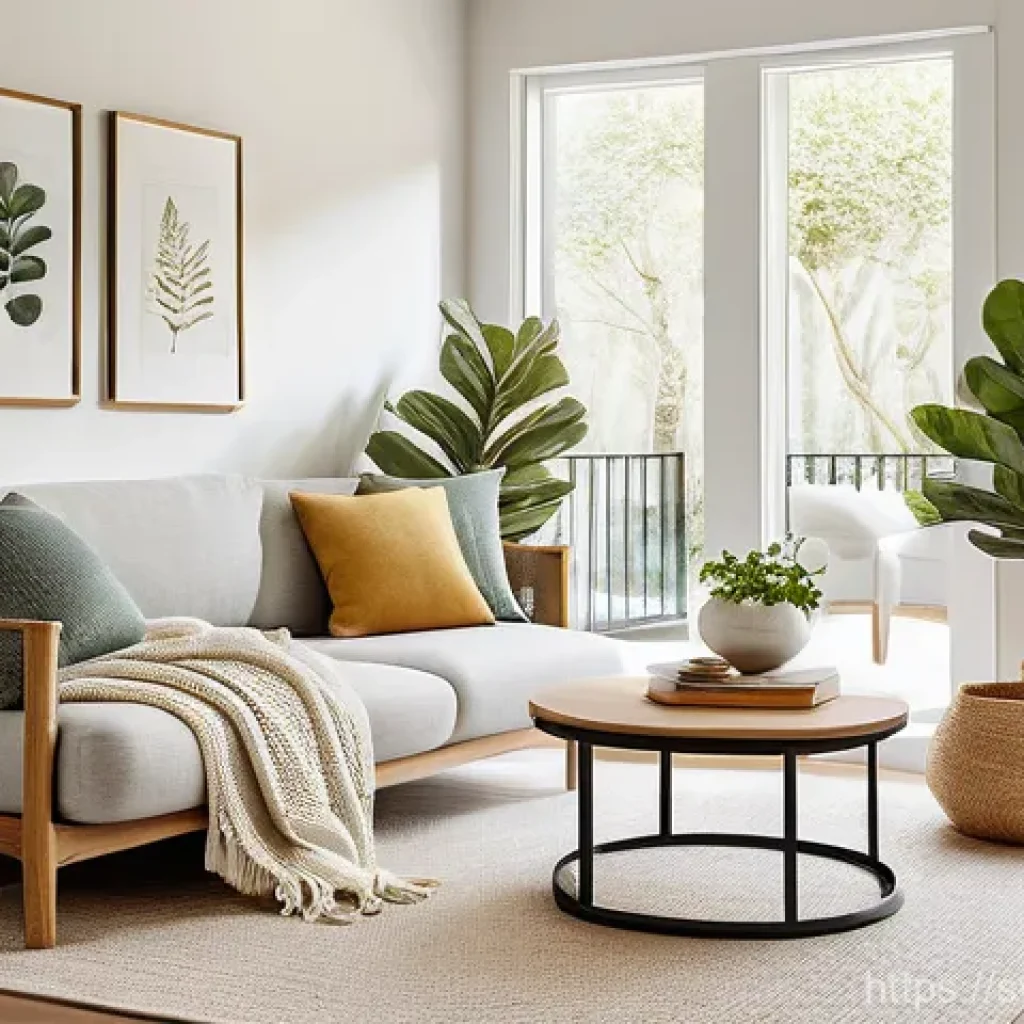 자기 위로를 위한 긍정적인 환경 만들기 - **"A minimalist, Scandinavian-style living room flooded with soft, natural daylight. The space exude...