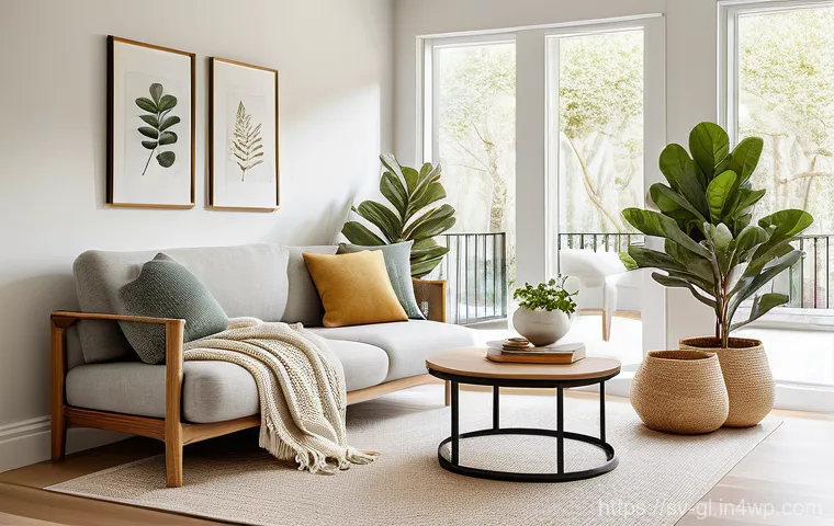 자기 위로를 위한 긍정적인 환경 만들기 - **"A minimalist, Scandinavian-style living room flooded with soft, natural daylight. The space exude...