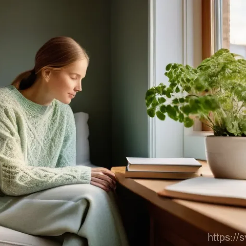 자기 위로를 위한 실질적 감정 관리 방법 - **Prompt:** A serene Swedish person, comfortably dressed in warm, cozy loungewear (e.g., a knitted s...