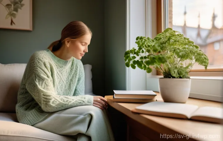자기 위로를 위한 실질적 감정 관리 방법 - **Prompt:** A serene Swedish person, comfortably dressed in warm, cozy loungewear (e.g., a knitted s...