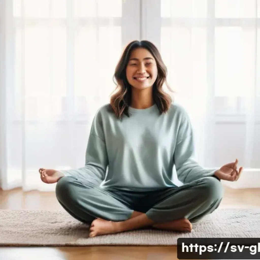 자기 위로 능력 개발을 위한 실행 계획 세우기 - **Prompt:** A serene woman, in her late 20s, with a gentle smile, sits cross-legged on a plush rug i...