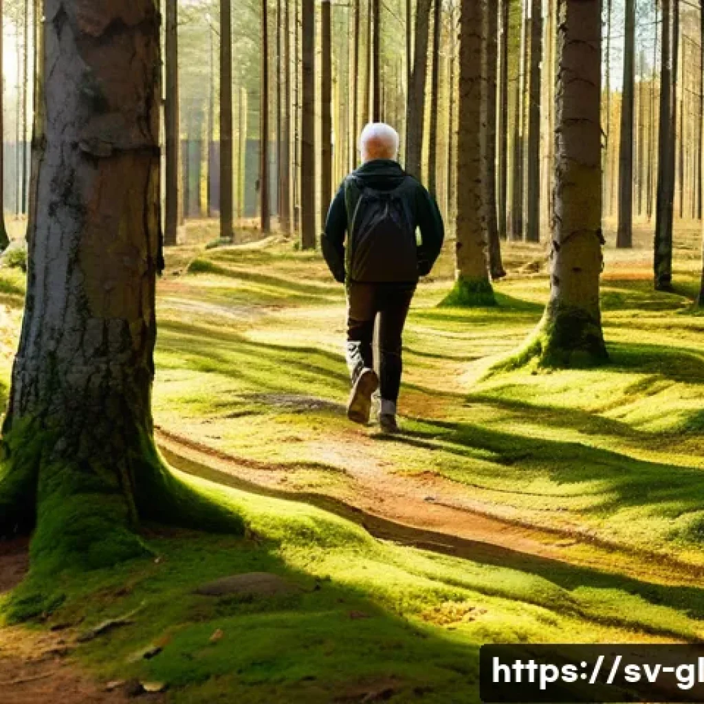 자기 위로를 위한 자연 속 활동 - A serene Swedish forest scene during early autumn, soft golden sunlight filtering through tall pine ...