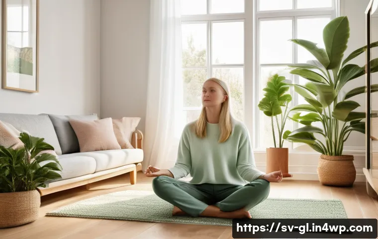 감정 회복력을 키우는 자기 위로 방법 - A serene Scandinavian-style living room bathed in soft natural light through large windows, featurin...