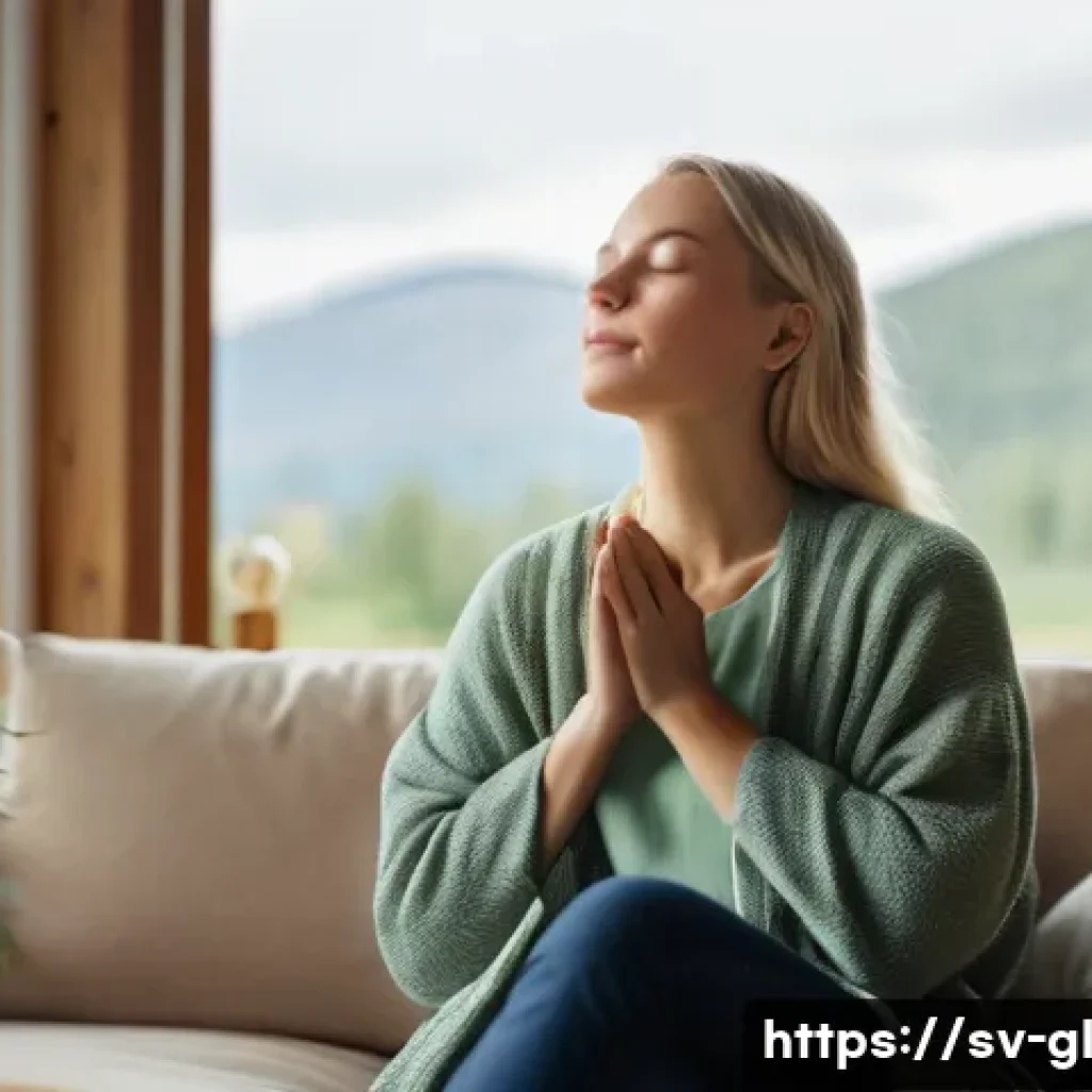 자기 위로 능력의 중요성에 대한 연구 결과 - A serene Scandinavian woman sitting comfortably in a cozy, minimalist living room with soft natural ...