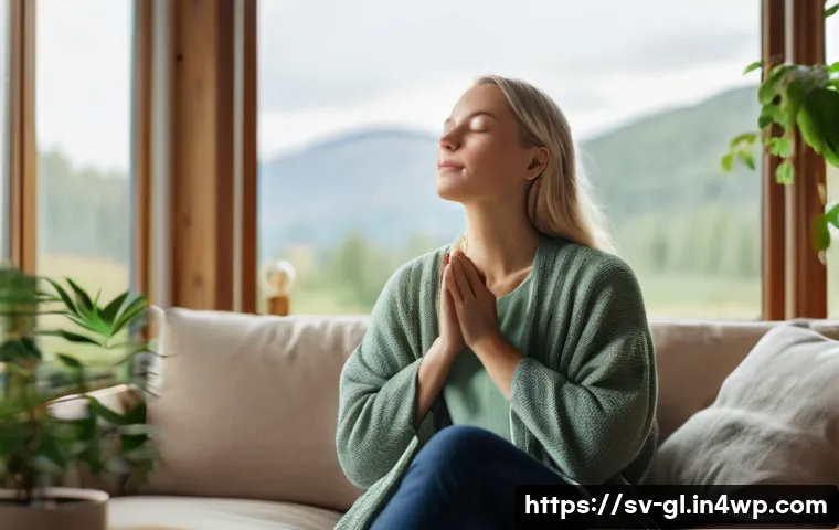 자기 위로 능력의 중요성에 대한 연구 결과 - A serene Scandinavian woman sitting comfortably in a cozy, minimalist living room with soft natural ...