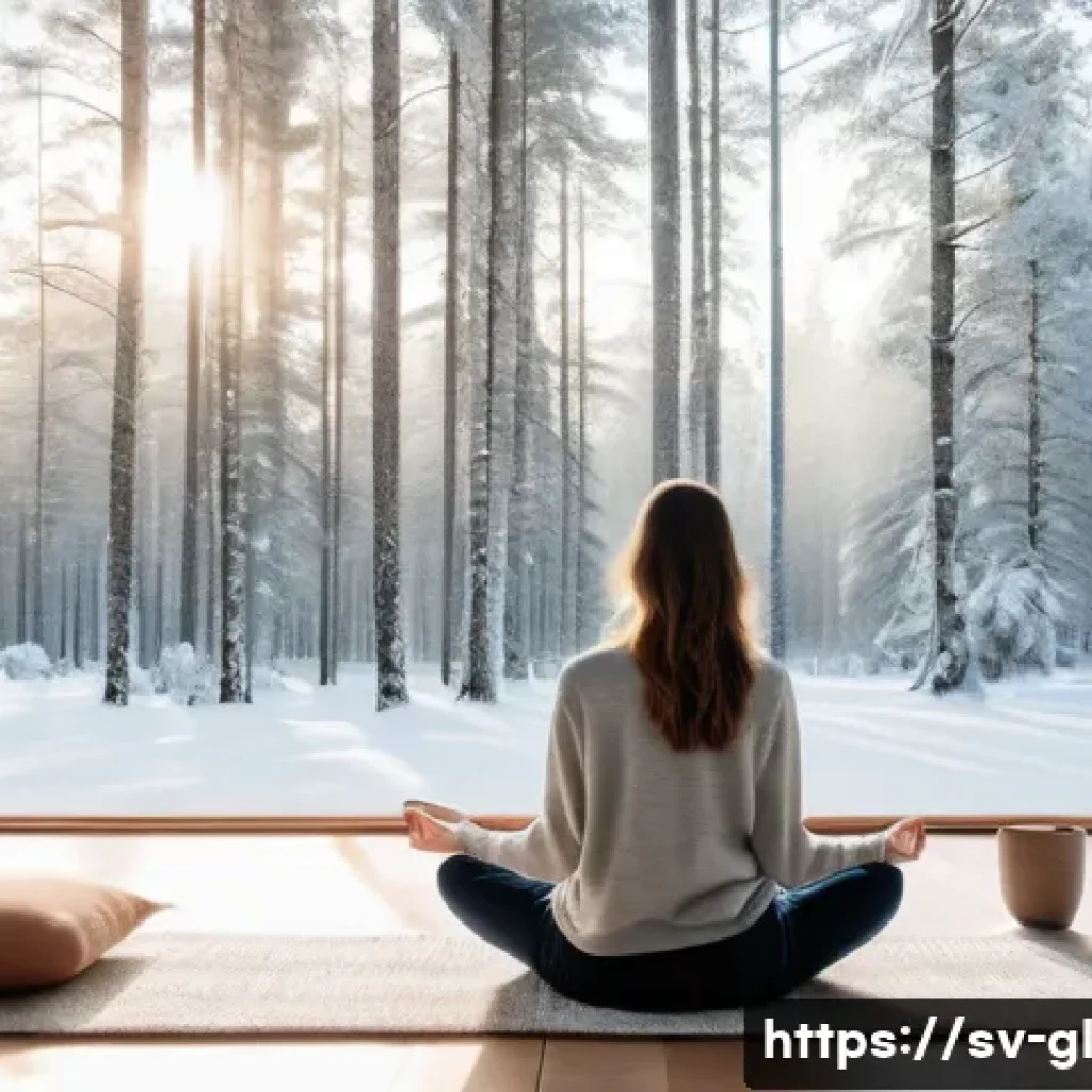 자기 위로를 위한 감정 조절 전략 - A serene and cozy indoor scene depicting a person practicing mindful breathing in a bright, Scandina...