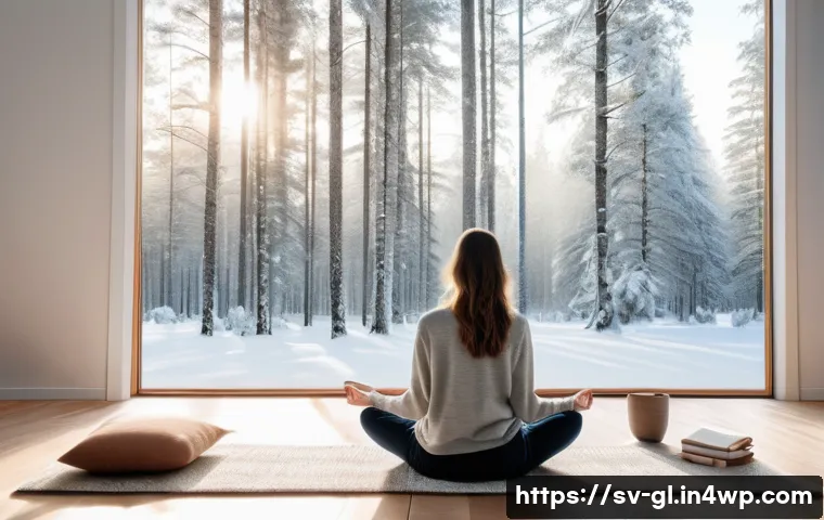 자기 위로를 위한 감정 조절 전략 - A serene and cozy indoor scene depicting a person practicing mindful breathing in a bright, Scandina...