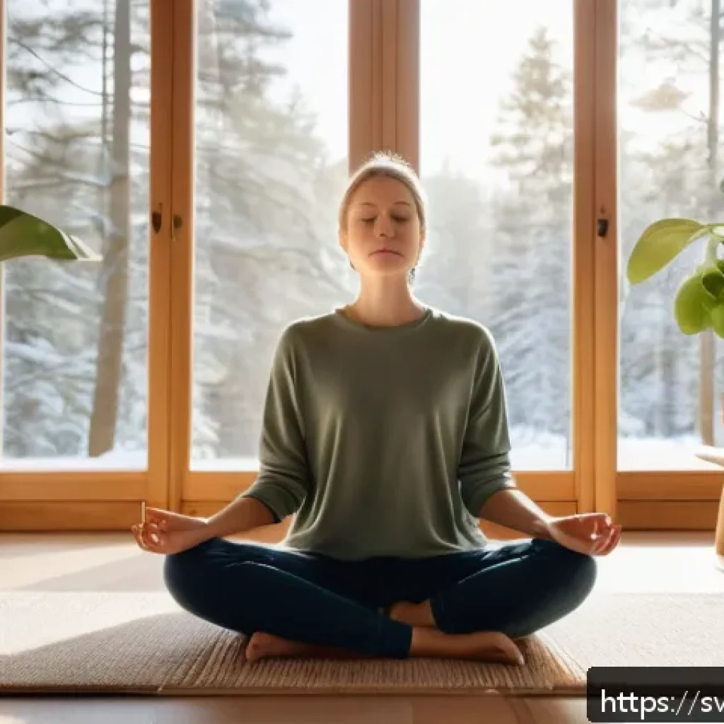 자기 위로의 이론적 기초와 실제 적용 - A serene scene of a young Swedish woman practicing mindfulness meditation in a cozy, sunlit Scandina...