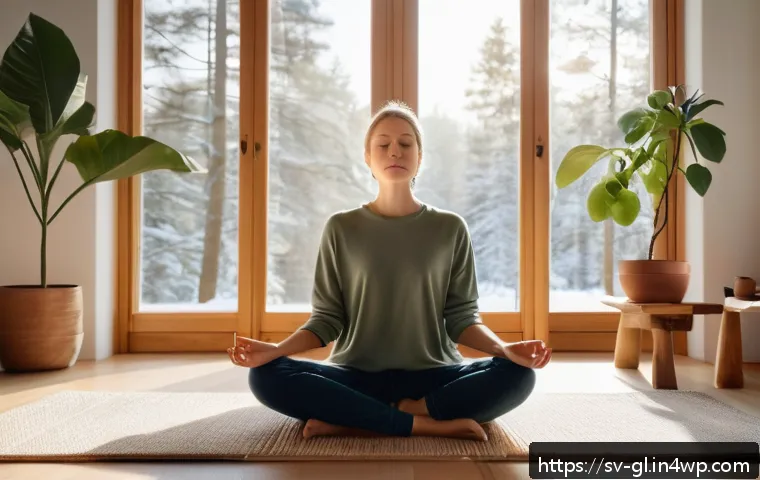 자기 위로의 이론적 기초와 실제 적용 - A serene scene of a young Swedish woman practicing mindfulness meditation in a cozy, sunlit Scandina...