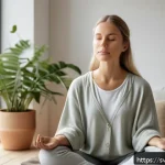 Home 21 자기 위로를 위한 심리적 도구 활용법 - A serene Scandinavian woman practicing mindful breathing meditation in a cozy, minimalist living roo...