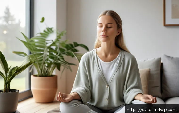자기 위로를 위한 심리적 도구 활용법 - A serene Scandinavian woman practicing mindful breathing meditation in a cozy, minimalist living roo...