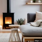 Home 20 자기 위로 기법의 효과적인 활용 사례 - A cozy Scandinavian living room scene during a quiet evening, featuring soft, warm lighting from can...