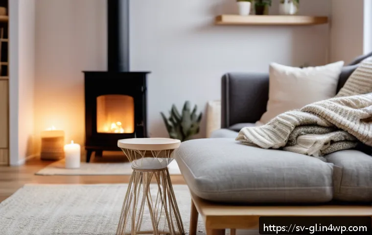 자기 위로 기법의 효과적인 활용 사례 - A cozy Scandinavian living room scene during a quiet evening, featuring soft, warm lighting from can...