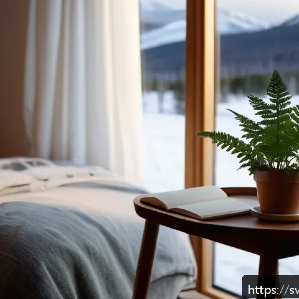 자기 위로와 감정적 지능 향상 - A serene and cozy Scandinavian bedroom scene at dusk, featuring a young adult sitting on a wooden ch...