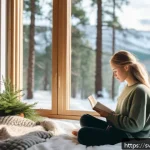 Home 18 자기 위로를 통한 행복 찾기 전략 - A serene Scandinavian bedroom scene with soft natural light filtering through large windows overlook...