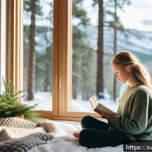 Home 30 자기 위로를 통한 행복 찾기 전략 - A serene Scandinavian bedroom scene with soft natural light filtering through large windows overlook...