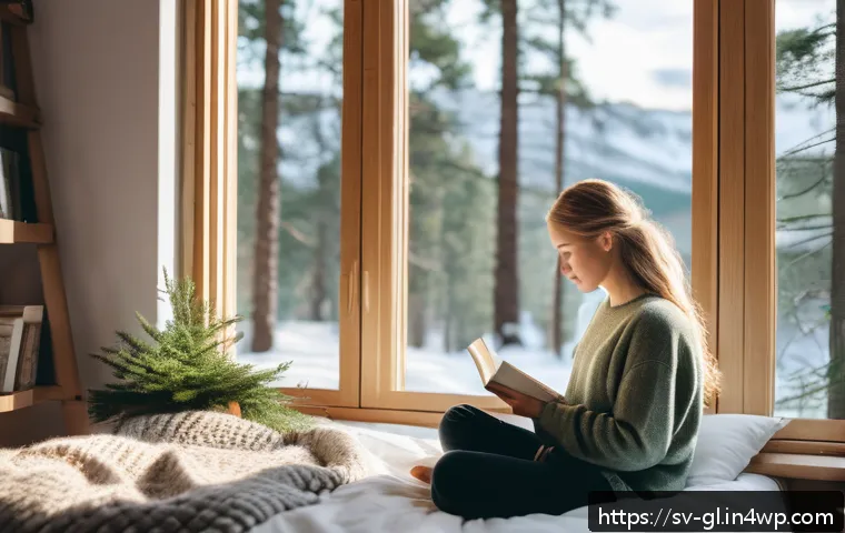 자기 위로를 통한 행복 찾기 전략 - A serene Scandinavian bedroom scene with soft natural light filtering through large windows overlook...