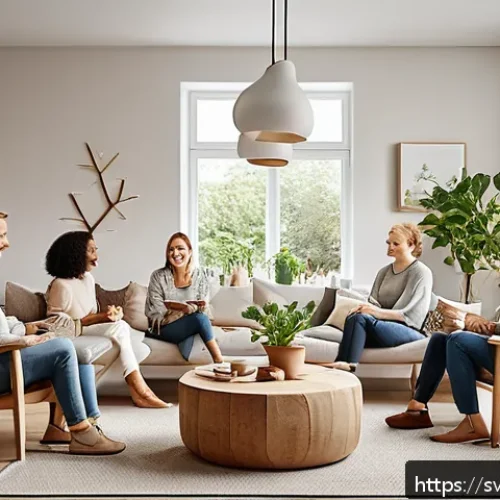 Home 17 자기 위로 능력 개발을 위한 그룹 활동 - A diverse group of adults seated in a cozy Scandinavian-style living room, engaging in a supportive ...