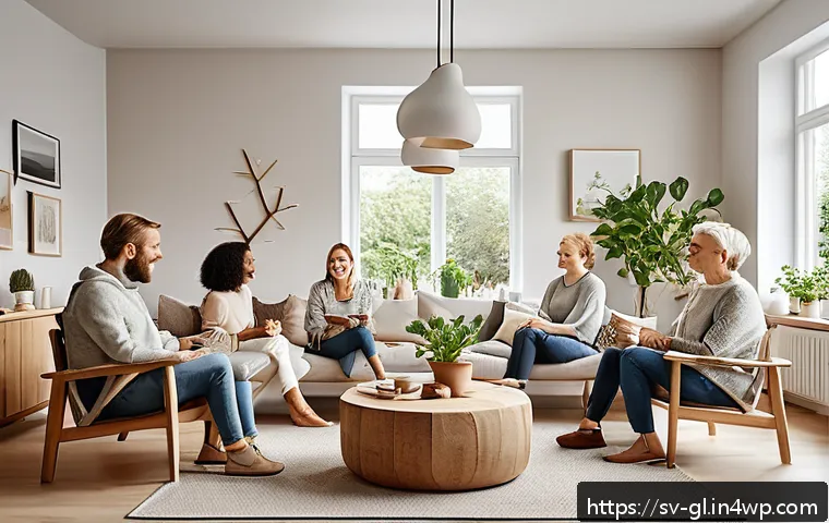 자기 위로 능력 개발을 위한 그룹 활동 - A diverse group of adults seated in a cozy Scandinavian-style living room, engaging in a supportive ...