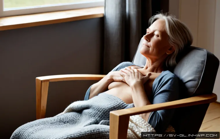 Home 17 자기 위로를 위한 긴장 완화 기법 - Photorealistic Swedish woman in her 50s practicing slow deep breathing in a calm Scandinavian living...